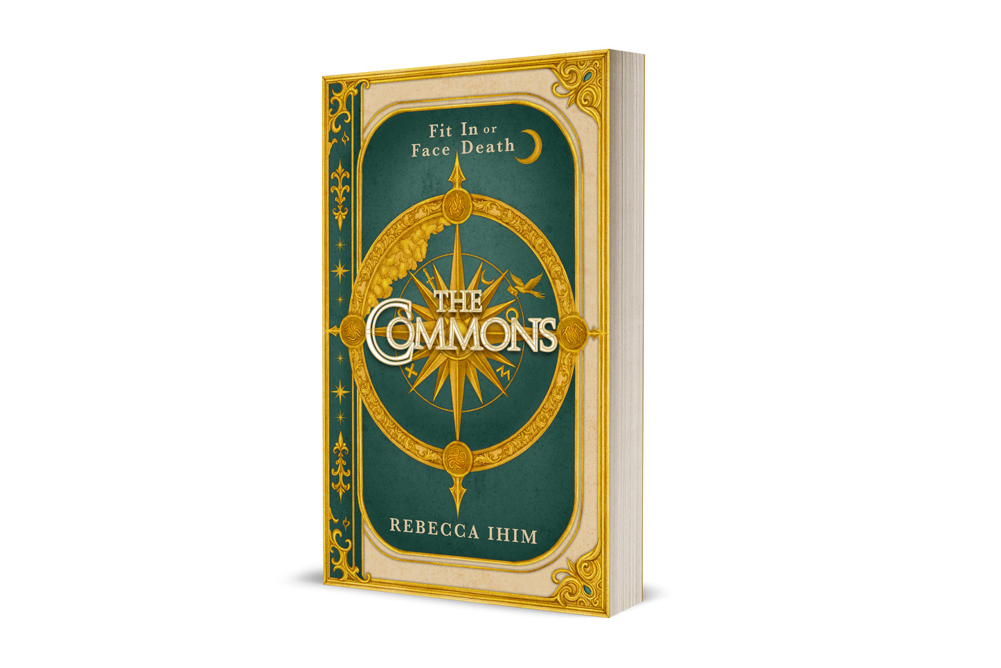 Book cover of 'The Commons' by Rebecca Ihm with decorative gold and green design on a white background